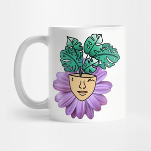 Surreal Monstera and Purple Petal Person Mug